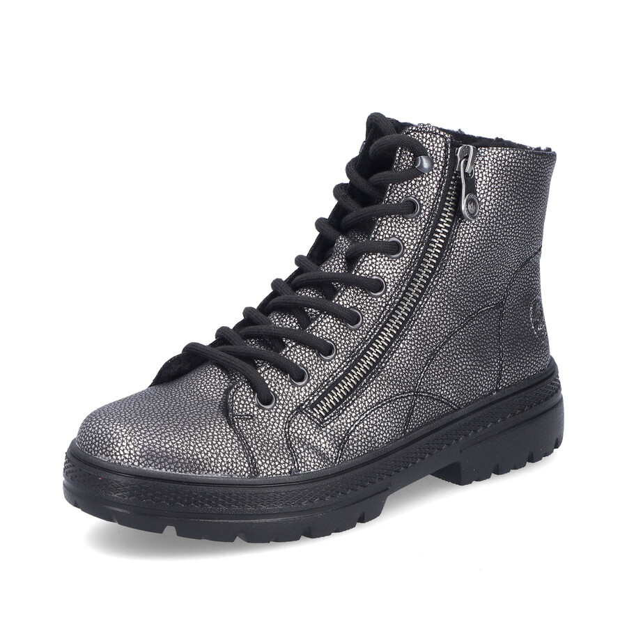 silberneplatinfarbene reißverschlussstiefel für damen rieker n0031-90