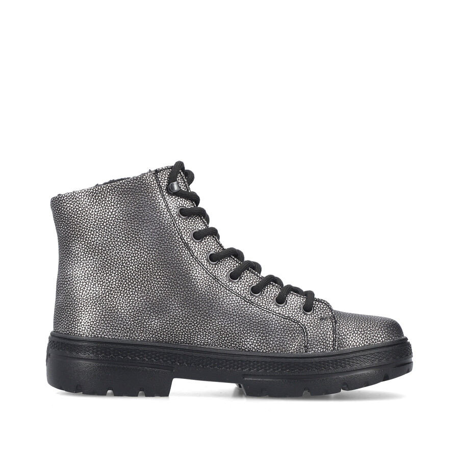 silberneplatinfarbene reißverschlussstiefel für damen rieker n0031-90