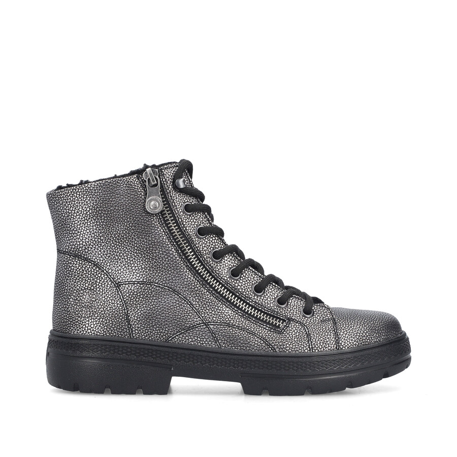 silberneplatinfarbene reißverschlussstiefel für damen rieker n0031-90