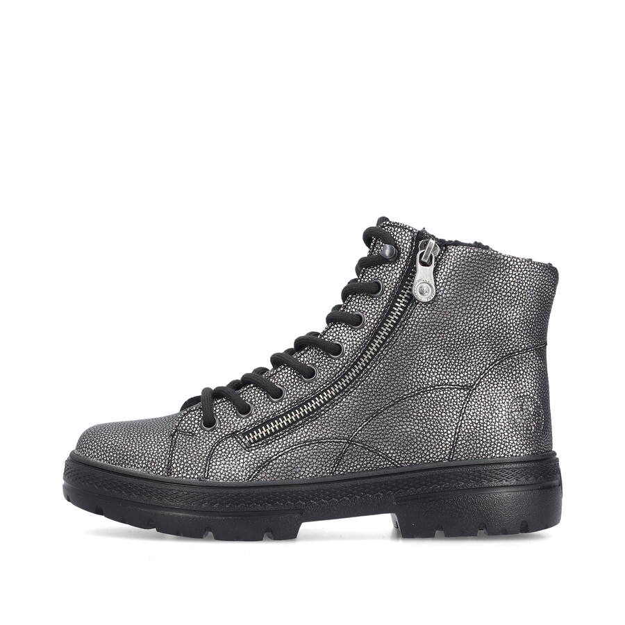 silberneplatinfarbene reißverschlussstiefel für damen rieker n0031-90