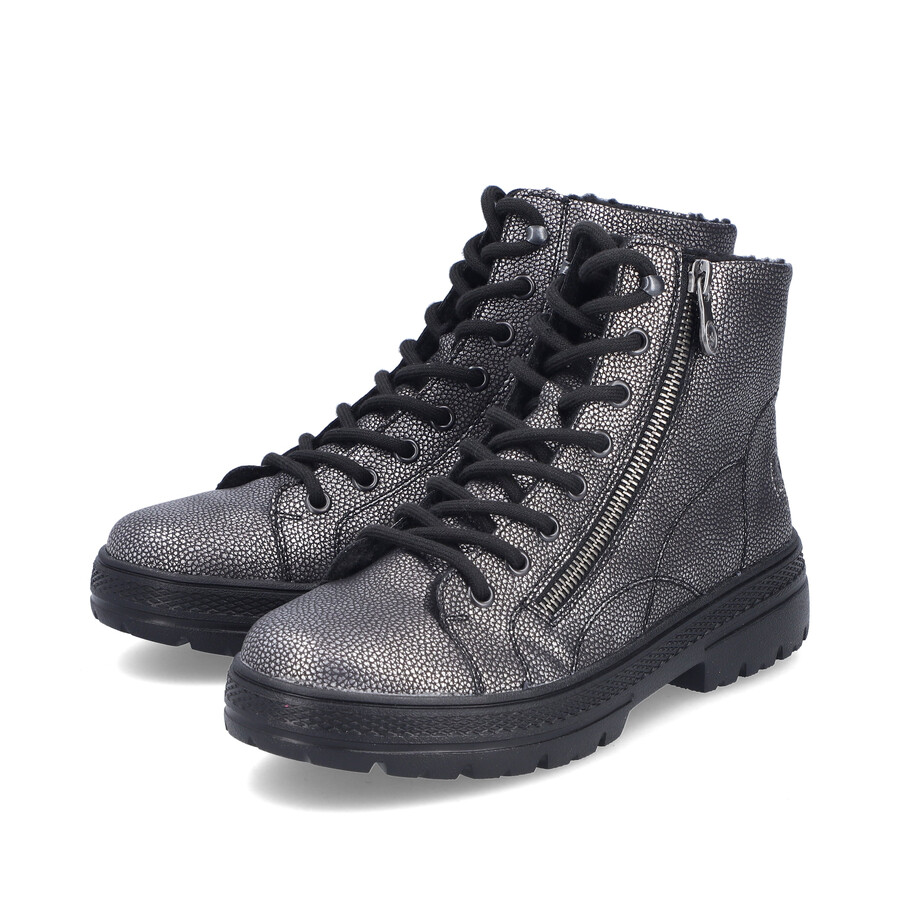 silberneplatinfarbene reißverschlussstiefel für damen rieker n0031-90