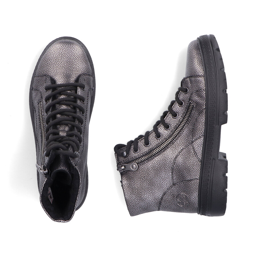 silberneplatinfarbene reißverschlussstiefel für damen rieker n0031-90